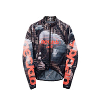 Women's WINTER thermal Jersey in black and gray with abstract pattern, featuring orange branding on sleeves and chest with full zipper.