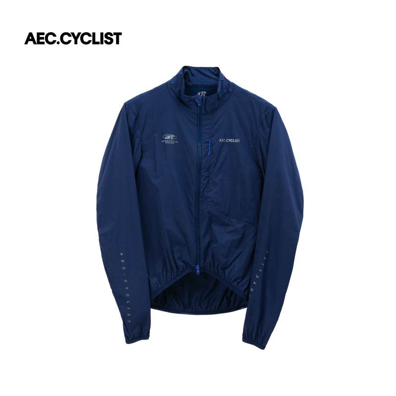 Men's WINTER thermal Jersey in navy blue windproof fabric with full zipper and subtle reflective accents on sleeves and chest