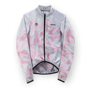 Light grey and pink patterned long-sleeve cycling jacket with front zipper and breathable mesh back, styled as a Men's WINTER thermal Jersey.