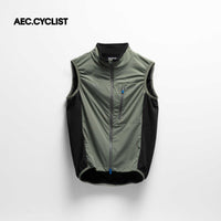 Sleeveless cycling wind gilet in green and black with zippered chest pocket and dual-way zipper, designed as a Men's WINTER thermal Jersey.
